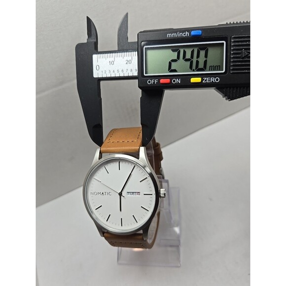 Nomatic Swiss Ronda Day Date Watch 45mm Stainless Brown Leather New Battery Mens - Picture 6 of 12